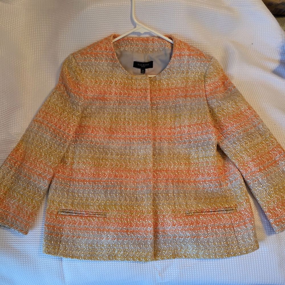 Talbots Orange, Yellow & Cream Tweed Collarless Blazer